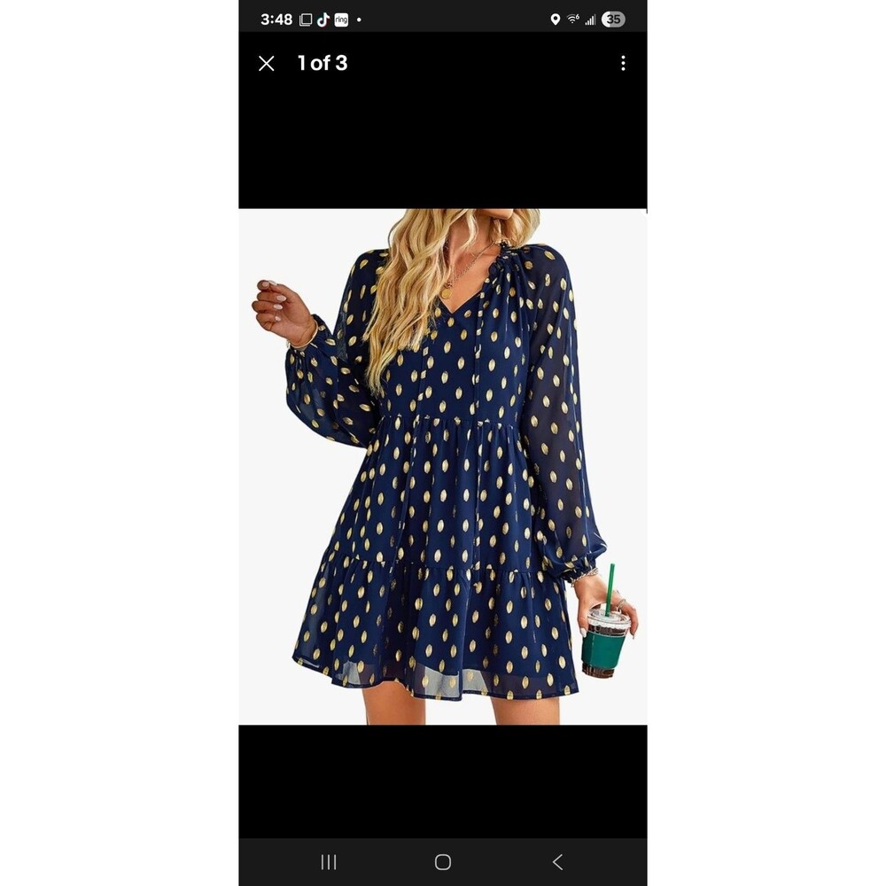 Blue Kirundo L Tiered Sheer Sleeve  Party Everyday Dress Gold  Dot Chiffon Mini